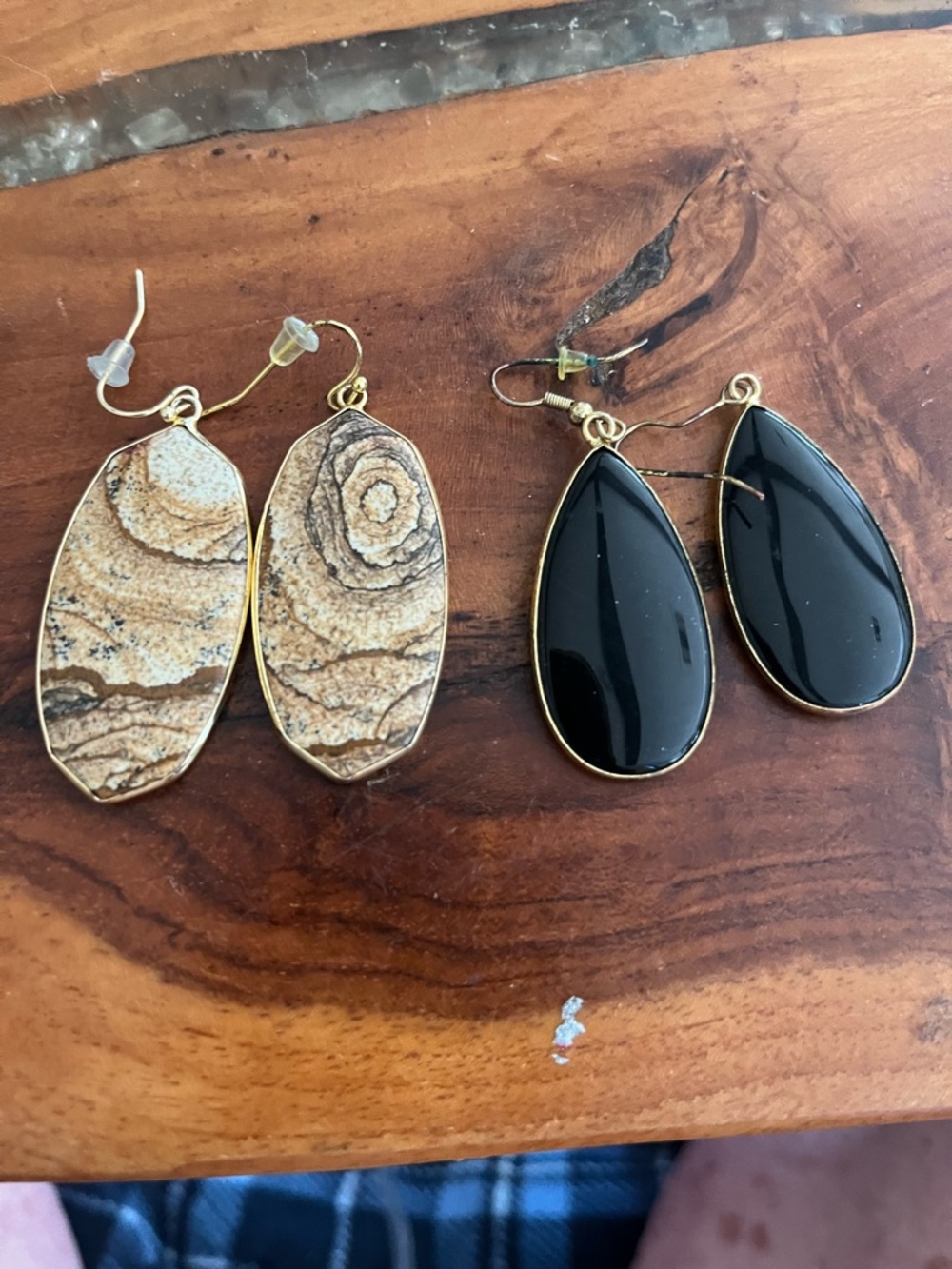 Gold-Trim Black Teardrop & Natural Stone Oval Drop Earrings - Set of 2